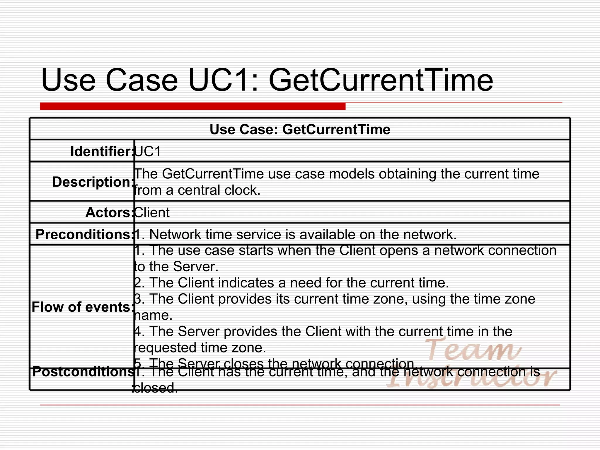 Use Case UC1: GetCurrentTime Use Case: GetCurrentTime Identifier: UC1 Description: The GetCurrentTime use case models obtaining the current time from a central clock. Actors: Client Preconditions: 1. Network time service is available on the network. Flow of events: 1. The use case starts when the Client opens a network connection to the Server. 2. The Client indicates a need for the current time. 3. The Client provides its current time zone, using the time zone name. 4. The Server provides the Client with the current time in the requested time zone. 5. The Server closes the network connection. Postconditions: 1. The Client has the current time, and the network connection is closed. 