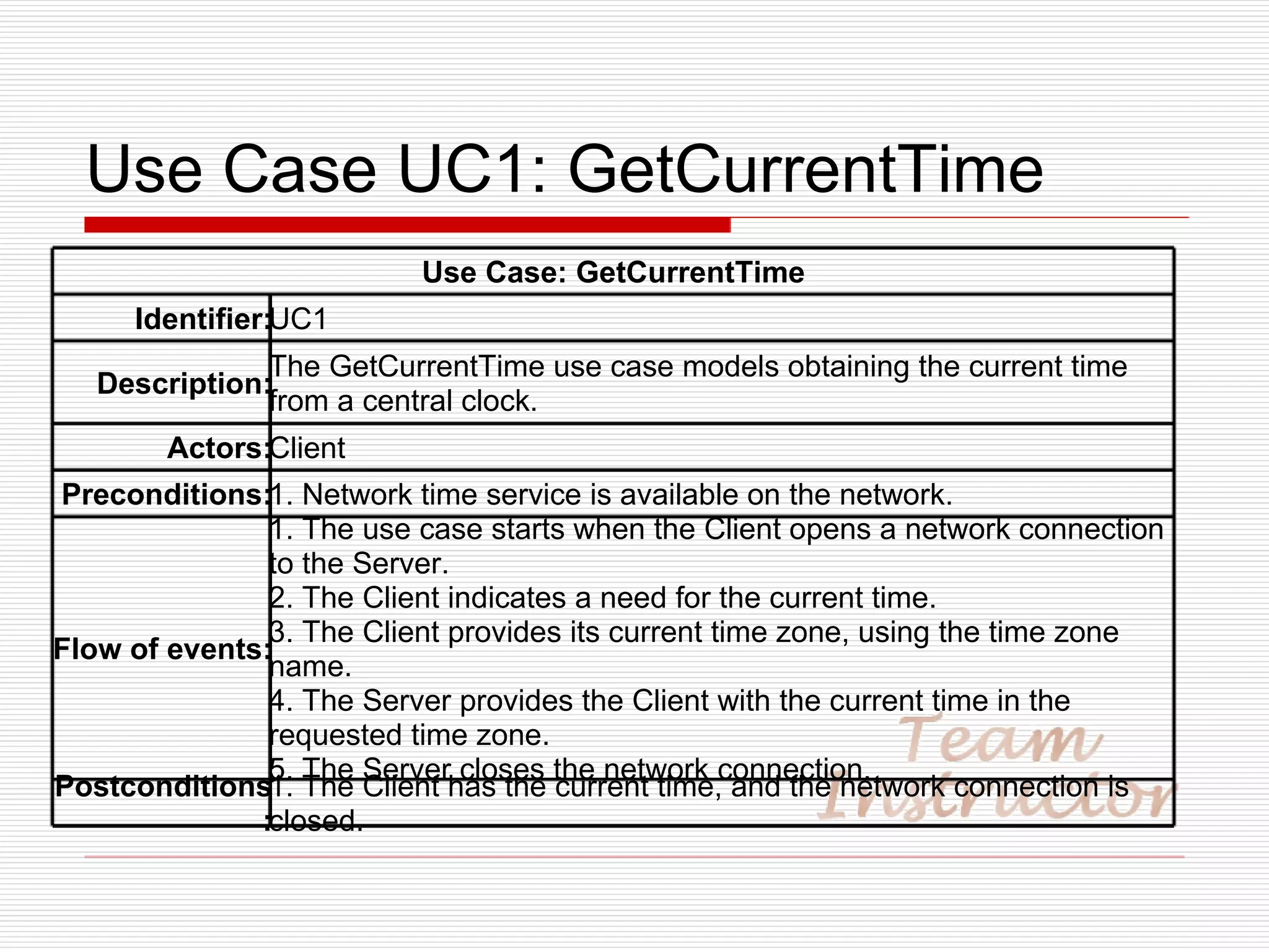 Use Case UC1: GetCurrentTime Use Case: GetCurrentTime Identifier: UC1 Description: The GetCurrentTime use case models obtaining the current time from a central clock. Actors: Client Preconditions: 1. Network time service is available on the network. Flow of events: 1. The use case starts when the Client opens a network connection to the Server. 2. The Client indicates a need for the current time. 3. The Client provides its current time zone, using the time zone name. 4. The Server provides the Client with the current time in the requested time zone. 5. The Server closes the network connection. Postconditions: 1. The Client has the current time, and the network connection is closed. 