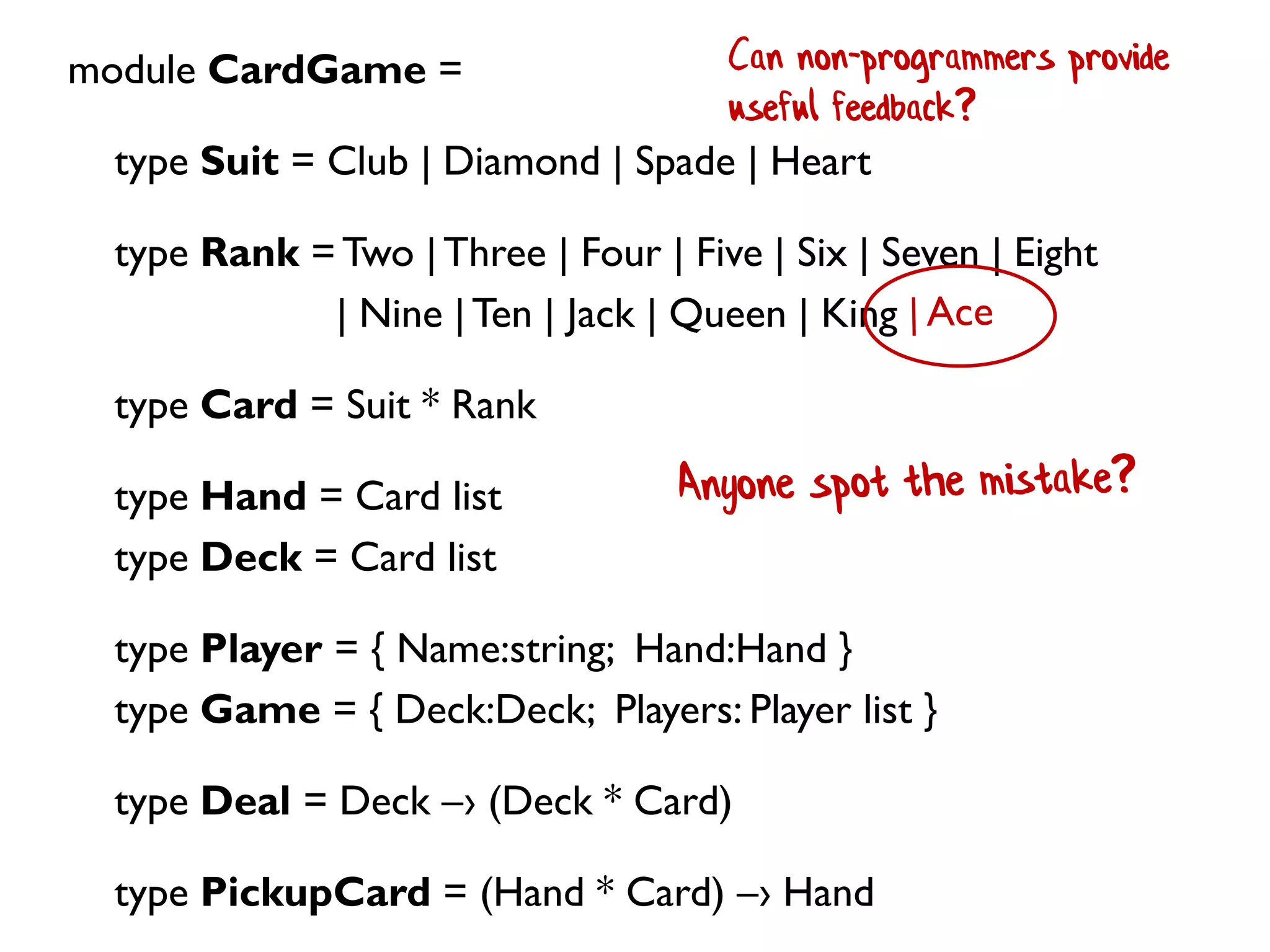 module CardGame =
type Suit = Club | Diamond | Spade | Heart
type Rank = Two |Three | Four | Five | Six | Seven | Eight
| Nine |Ten | Jack | Queen | King
type Card = Suit * Rank
type Hand = Card list
type Deck = Card list
type Player = { Name:string; Hand:Hand }
type Game = { Deck:Deck; Players: Player list }
type Deal = Deck –› (Deck * Card)
type PickupCard = (Hand * Card) –› Hand
Can non-programmers provide
useful feedback?
 
