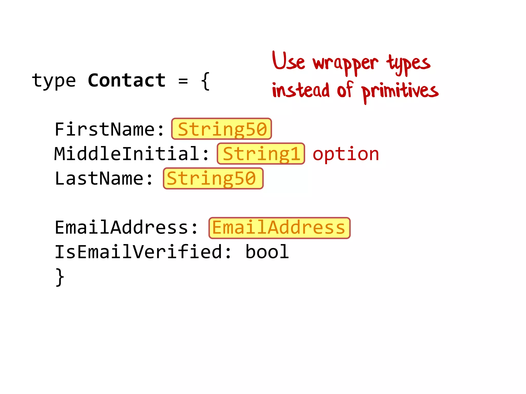type Contact = {
FirstName: String50
MiddleInitial: String1 option
LastName: String50
EmailAddress: EmailAddress
IsEmailVerified: bool
}
Use wrapper types
instead of primitives
 