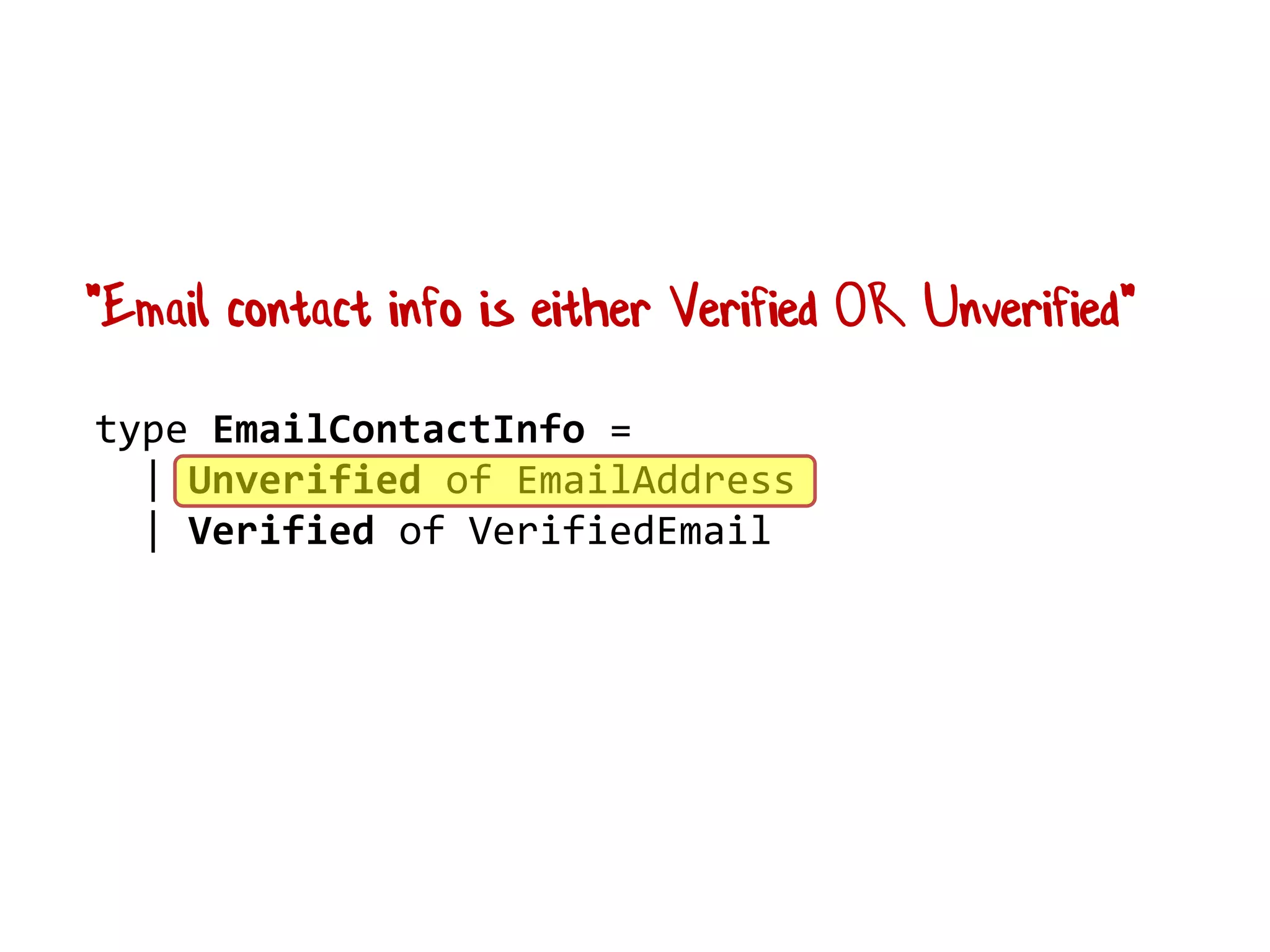 "Email contact info is either Verified OR Unverified"
type EmailContactInfo =
| Unverified of EmailAddress
| Verified of VerifiedEmail
 
