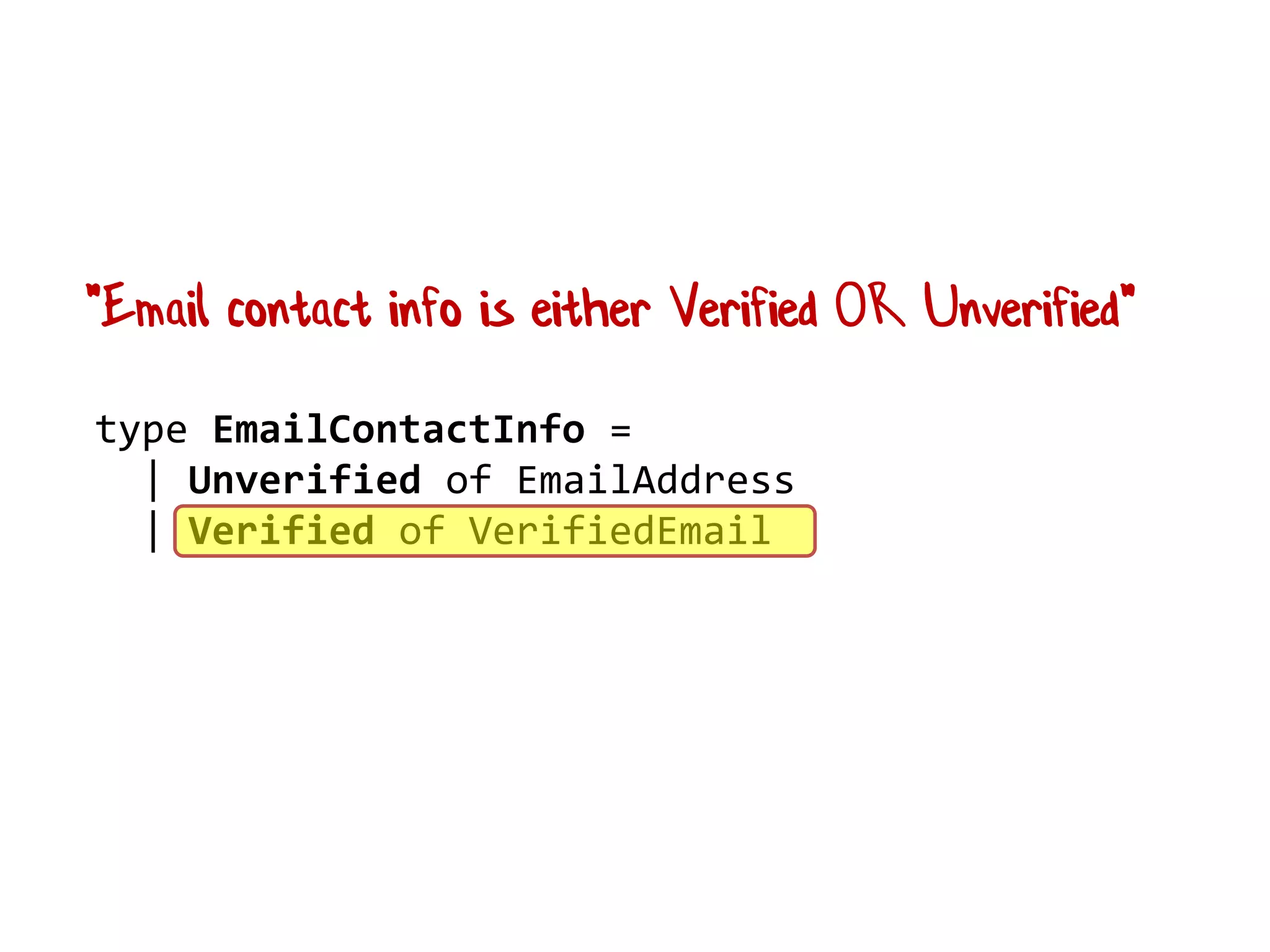 "Email contact info is either Verified OR Unverified"
type EmailContactInfo =
| Unverified of EmailAddress
| Verified of VerifiedEmail
 