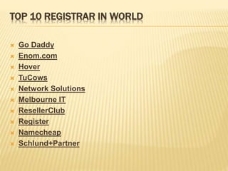 TOP 10 REGISTRAR IN WORLD 
 Go Daddy 
 Enom.com 
 Hover 
 TuCows 
 Network Solutions 
 Melbourne IT 
 ResellerClub 
 Register 
 Namecheap 
 Schlund+Partner 
 