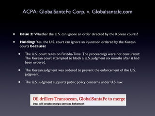ACPA: GlobalSanteFe Corp. v. Globalsantafe.com Issue 2:  Whether the U.S. can ignore an order directed by the Korean courts? Holding:  Yes, the U.S. court can ignore an injunction ordered by the Korean courts  because: The U.S. court relies on First-In-Time. The proceedings were not concurrent: The Korean court attempted to block a U.S. judgment six months after it had been ordered.  The Korean judgment was ordered to prevent the enforcement of the U.S. judgment.  The U.S. judgment supports public policy concerns under U.S. law. 