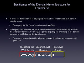Significance of the Domain Name Structure for Trademarks In order for domain names to be properly resolved into IP addresses, each domain must be unique.  The registry for the “.com” domain name is VeriSign.  The registry that maintains the list of second-level domain names within any TLD has the ability to determine who among the parties disputing has ownership of the domain name and is entitled to use the domain name.  The registry essentially decides what second-level domain names servers should “point” to.  Second Level  Domain Top Level  Domain Identifies the  Web Server www.yahoo.com 