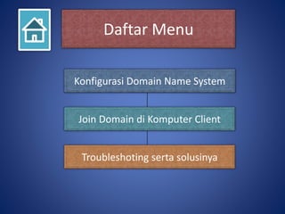 Daftar Menu 
Konfigurasi Domain Name System 
Join Domain di Komputer Client 
Troubleshoting serta solusinya 
 