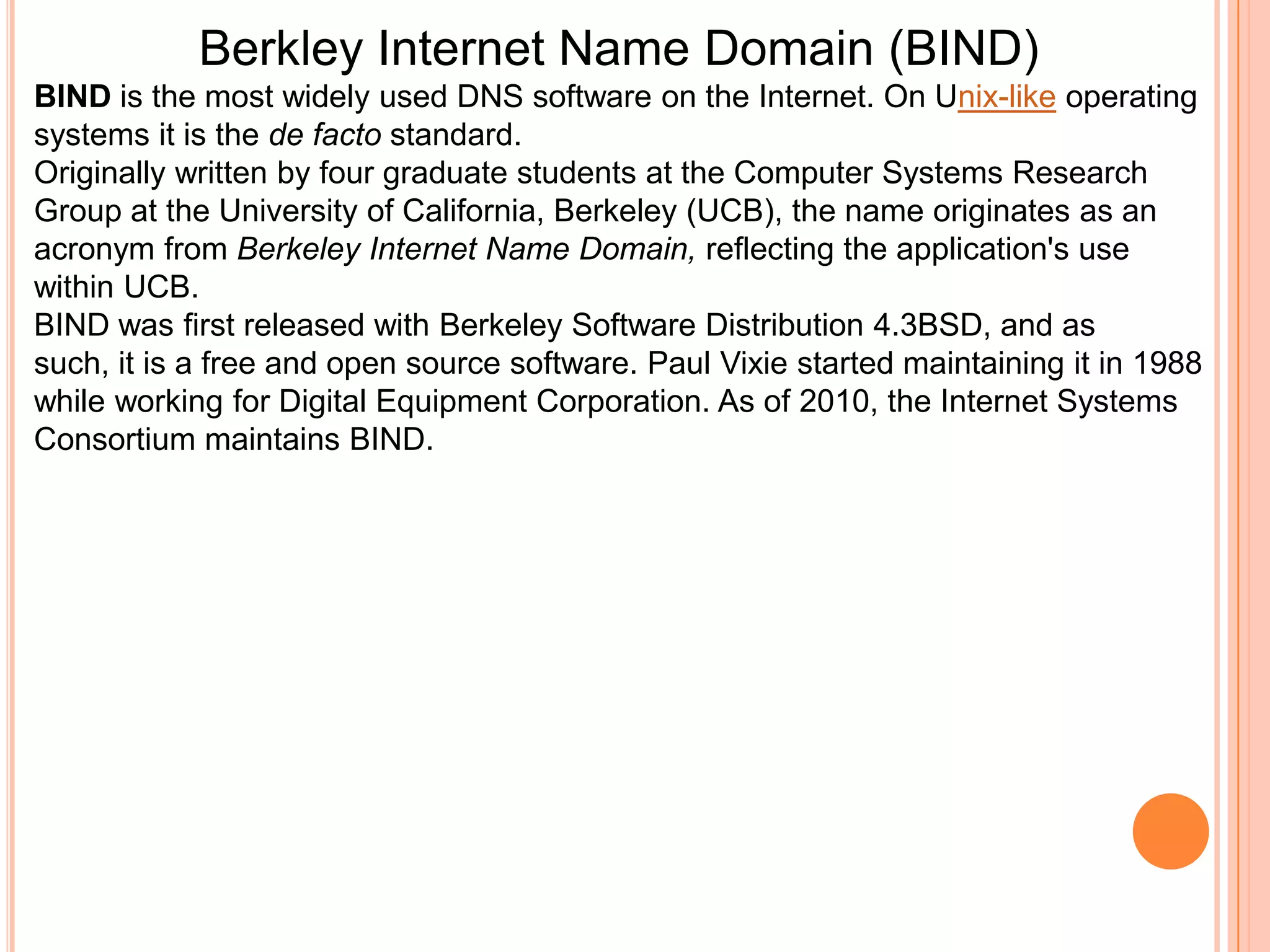 DNS ResolversThe client-side of the DNS is called a DNS resolver. It is responsible for initiating and sequencing the queries that ultimately lead to a full resolution (translation) of the resource sought, e.g., translation of a domain name into an IP address.A DNS query may be either a non-recursive query or a recursive query:A non-recursive query is one in which the DNS server provides a record for a domain for which it is authoritative itself, or it provides a partial result without querying other servers.A recursive query is one for which the DNS server will fully answer the query (or give an error) by querying other name servers as needed. DNS servers are not required to support recursive queries.The resolver, or another DNS server acting recursively on behalf of the resolver, negotiates use of recursive service using bits in the query headers.Resolving usually entails iterating through several name servers to find the needed information. However, some resolvers function more simply by communicating only with a single name server. These simple resolvers (called "stub resolvers") rely on a recursive name server to perform the work of finding information for them.