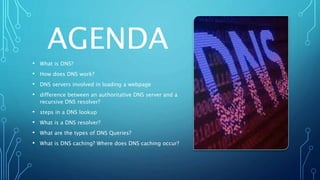 AGENDA
• What is DNS?
• How does DNS work?
• DNS servers involved in loading a webpage
• difference between an authoritative DNS server and a
recursive DNS resolver?
• steps in a DNS lookup
• What is a DNS resolver?
• What are the types of DNS Queries?
• What is DNS caching? Where does DNS caching occur?
 