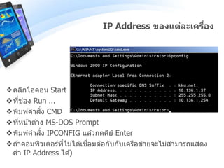 IP Address ของแต่ละเครื่อง
คลิกไอคอน Start
ที่ช่อง Run ...
พิมพ์คาสั่ง CMD
ที่หน้าต่าง MS-DOS Prompt
พิมพ์คาสั่ง IPCONFIG แล ้วกดคีย์ Enter
ถ ้าคอมพิวเตอร์ที่ไม่ได ้เชื่อมต่อกับกับเครือข่ายจะไม่สามารถแสดง
ค่า IP Address ได ้)
 