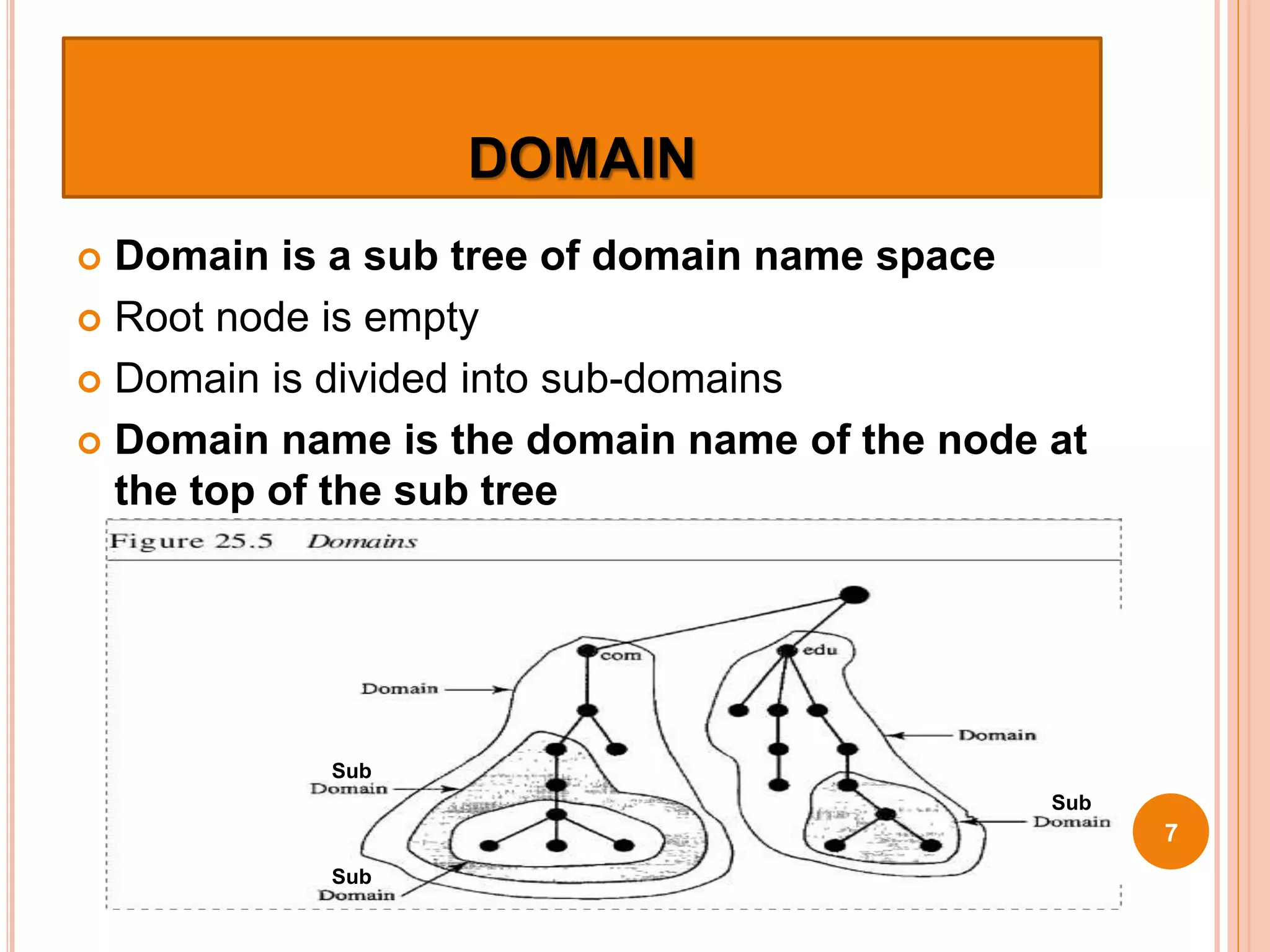 DOMAIN
 Domain is a sub tree of domain name space
 Root node is empty
 Domain is divided into sub-domains
 Domain name is the domain name of the node at
the top of the sub tree
7
Sub
Sub
Sub
 