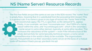 NS (Name Server) Resource Records
The first few fields are just the same as we saw in the SOA record. The "name" field
is empty here, meaning that it is substituted from the preceding SOA record. (This
is a general rule: if no name is given in any type of record, the "name" field of the
SOA record shall apply.) No TTL is specified, so the default $TTL applies.
Finally, in our example, we have "ns1.example.com.", the FQDN of a name
server within the zone, and "ns2.smokeyjoe.com.", which is the secondary
name server in some other domain, typically at some other location. This
increases the robustness of the system — even if the infrastructure of the
whole domain fails for some (possibly technical) reason, a name server
somewhere else in the world is likely to be available. The organizations
typically find partners to run their secondary name server on the basis of a mutual
trade-off business (I back you up, you back me up).
 