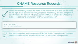 CNAME Resource Records
These are essentially aliases: the name in the first record is an alias for the name
on the right. It can be used for many purposes. Importantly, the alias can point to
a host outside the domain. A typical use of CNAME is to enable the Web server
to be seen both as "example.com" and "www.example.com":
The first line defines an IP resolving to $ORIGIN, that is, "example.com.", whereas
the second one defines "www.example.com." as an alias to "example.com."
 