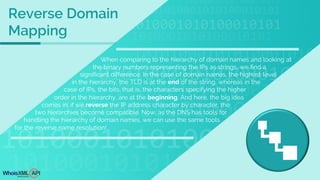 When comparing to the hierarchy of domain names and looking at
the binary numbers representing the IPs as strings, we find a
significant difference. In the case of domain names, the highest level
in the hierarchy, the TLD is at the end of the string, whereas in the
case of IPs, the bits, that is, the characters specifying the higher
order in the hierarchy, are at the beginning. And here, the big idea
comes in: if we reverse the IP address character by character, the
two hierarchies become compatible. Now, as the DNS has tools for
handling the hierarchy of domain names, we can use the same tools
for the reverse name resolution!
Reverse Domain
Mapping
 