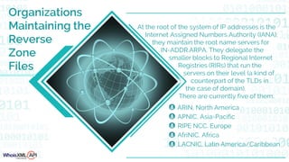 At the root of the system of IP addresses is the
Internet Assigned Numbers Authority (IANA);
they maintain the root name servers for
. IN-ADDR.ARPA. They delegate the
smaller blocks to Regional Internet
Registries (RIRs) that run the
servers on their level (a kind of
counterpart of the TLDs in
the case of domain).
There are currently five of them:
ARIN, North America
APNIC, Asia-Pacific
AfriNIC, Africa
RIPE NCC, Europe
LACNIC, Latin America/Caribbean
Organizations
Maintaining the
Reverse
Zone
Files
 