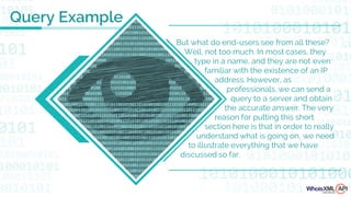 But what do end-users see from all these?
Well, not too much. In most cases, they
type in a name, and they are not even
familiar with the existence of an IP
address. However, as
professionals, we can send a
query to a server and obtain
the accurate answer. The very
reason for putting this short
section here is that in order to really
understand what is going on, we need
to illustrate everything that we have
discussed so far.
Query Example
 