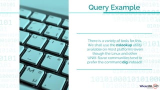 There is a variety of tools for this.
We shall use the nslookup utility
available on most platforms (even
though the Linux and other
UNIX-flavor communities tend to
prefer the command dig instead).
Query Example
 