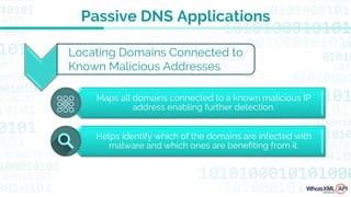 Maps all domains connected to a known malicious IP
address enabling further detection.
Helps identify which of the domains are infected with
malware and which ones are benefiting from it.
Passive DNS Applications
Locating Domains Connected to
Known Malicious Addresses
 