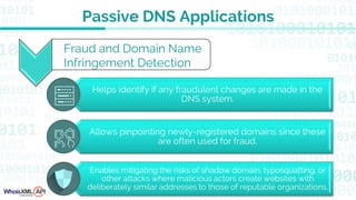 Helps identify if any fraudulent changes are made in the
DNS system.
Allows pinpointing newly-registered domains since these
are often used for fraud.
Enables mitigating the risks of shadow domain, typosquatting, or
other attacks where malicious actors create websites with
deliberately similar addresses to those of reputable organizations.
Fraud and Domain Name
Infringement Detection
Passive DNS Applications
 