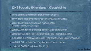 DNS Security Extensions – Geschichte
 1995:

Diskussionen über Sicherheit von DNS

 1999:

Erste Implementierung von DNSSEC (RFC2535)

 2001: Die Implementierung
 Hatte Korrekturen zur Folge
 2002/03/04:
 2005:

Funktionsfähig, Testen, Standardisieren

Schweden (.se) unterschreibt als 1.Land die Zone

 1.12.2009-1.6.2010
 Im
„

hatte Fehler

werden alle (13) Root-Server unterschrieben

2011 Q1: .com .net .org Zonen unterschrieben

.de ist DNSSEC seit Mai 2011“ [2]

http://cs.wikipedia.org/wiki/DNSSEC
[2] http://www.denic.de/domains/dnssec.html

Artur Beikel

 
