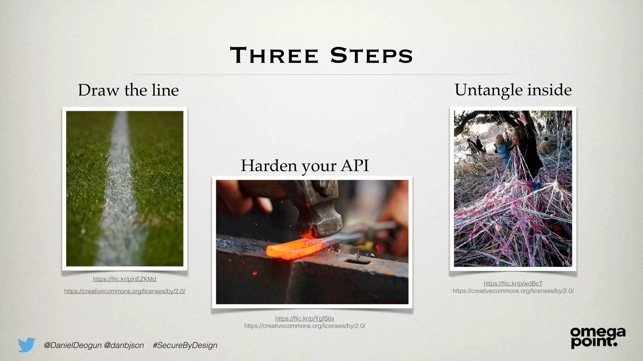 @DanielDeogun @danbjson #SecureByDesign
Three Steps
https://ﬂic.kr/p/wdBcT
https://creativecommons.org/licenses/by/2.0/
Untangle insideDraw the line
Harden your API
https://ﬂic.kr/p/YgfS6s
https://creativecommons.org/licenses/by/2.0/
https://ﬂic.kr/p/nEZKMd
https://creativecommons.org/licenses/by/2.0/
 