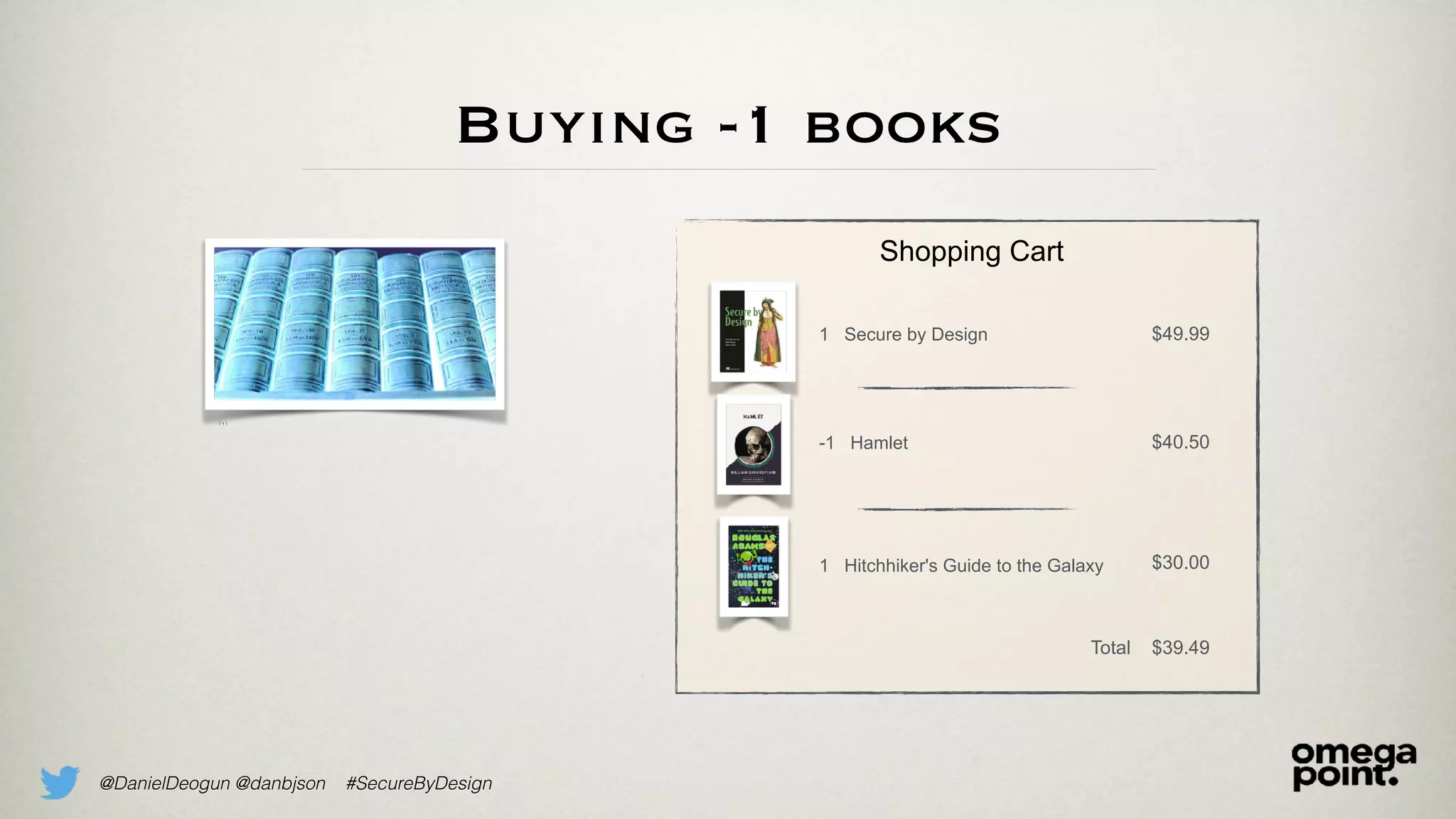 @DanielDeogun @danbjson #SecureByDesign
Buying -1 books
[1]
1 Secure by Design $49.99
-1 Hamlet $40.50
1 Hitchhiker's Guide to the Galaxy $30.00
Shopping Cart
Total $39.49
 
