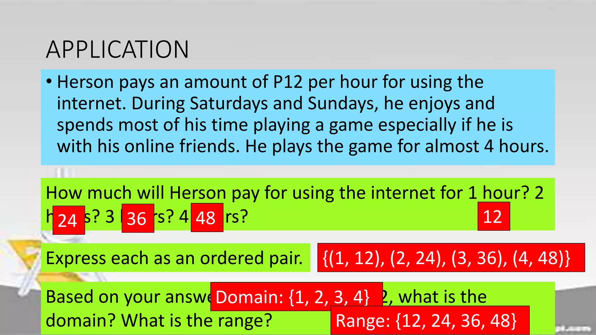 APPLICATION
• Herson pays an amount of P12 per hour for using the
internet. During Saturdays and Sundays, he enjoys and
spends most of his time playing a game especially if he is
with his online friends. He plays the game for almost 4 hours.
How much will Herson pay for using the internet for 1 hour? 2
hours? 3 hours? 4 hours?
Express each as an ordered pair.
Based on your answers on items number 2, what is the
domain? What is the range?
12
24 36 48
{(1, 12), (2, 24), (3, 36), (4, 48)}
Domain: {1, 2, 3, 4}
Range: {12, 24, 36, 48}
 