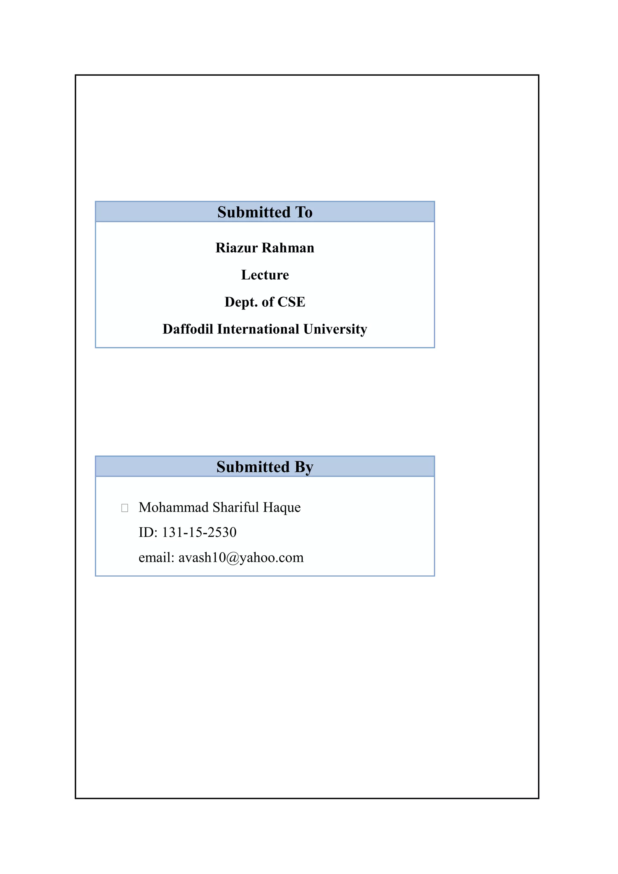 Submitted To
Riazur Rahman
Lecture
Dept. of CSE
Daffodil International University
Submitted By
 Mohammad Shariful Haque
ID: 131-15-2530
email: avash10@yahoo.com
 