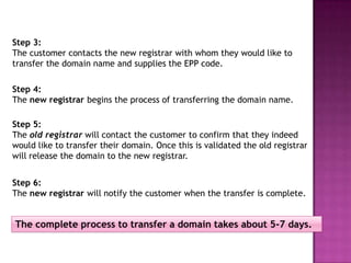 Step 3:
The customer contacts the new registrar with whom they would like to
transfer the domain name and supplies the EPP code.

Step 4:
The new registrar begins the process of transferring the domain name.

Step 5:
The old registrar will contact the customer to confirm that they indeed
would like to transfer their domain. Once this is validated the old registrar
will release the domain to the new registrar.


Step 6:
The new registrar will notify the customer when the transfer is complete.


The complete process to transfer a domain takes about 5-7 days.
 