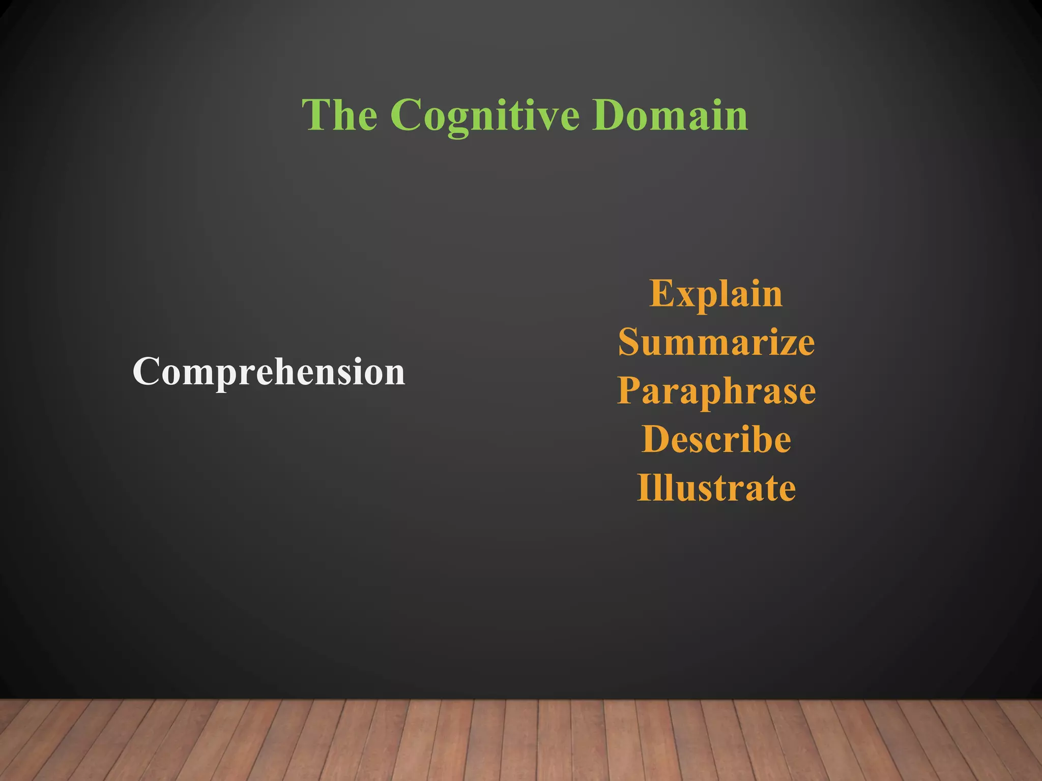 The Cognitive Domain
Explain
Summarize
Paraphrase
Describe
Illustrate
Comprehension
 