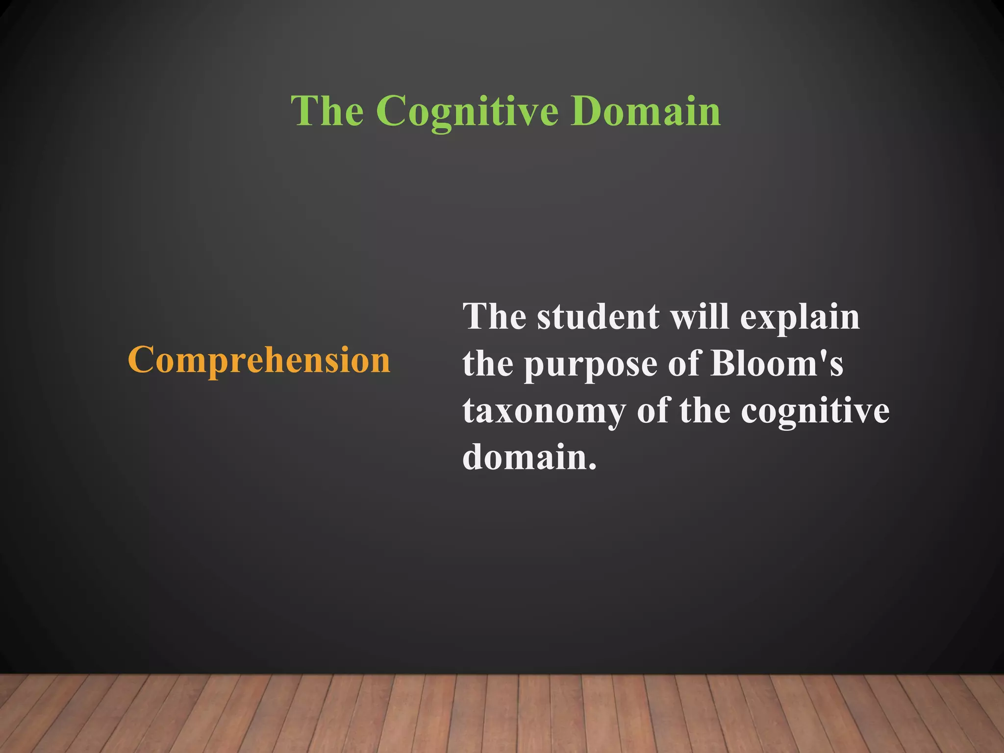 The Cognitive Domain
The student will explain
the purpose of Bloom's
taxonomy of the cognitive
domain.
Comprehension
 