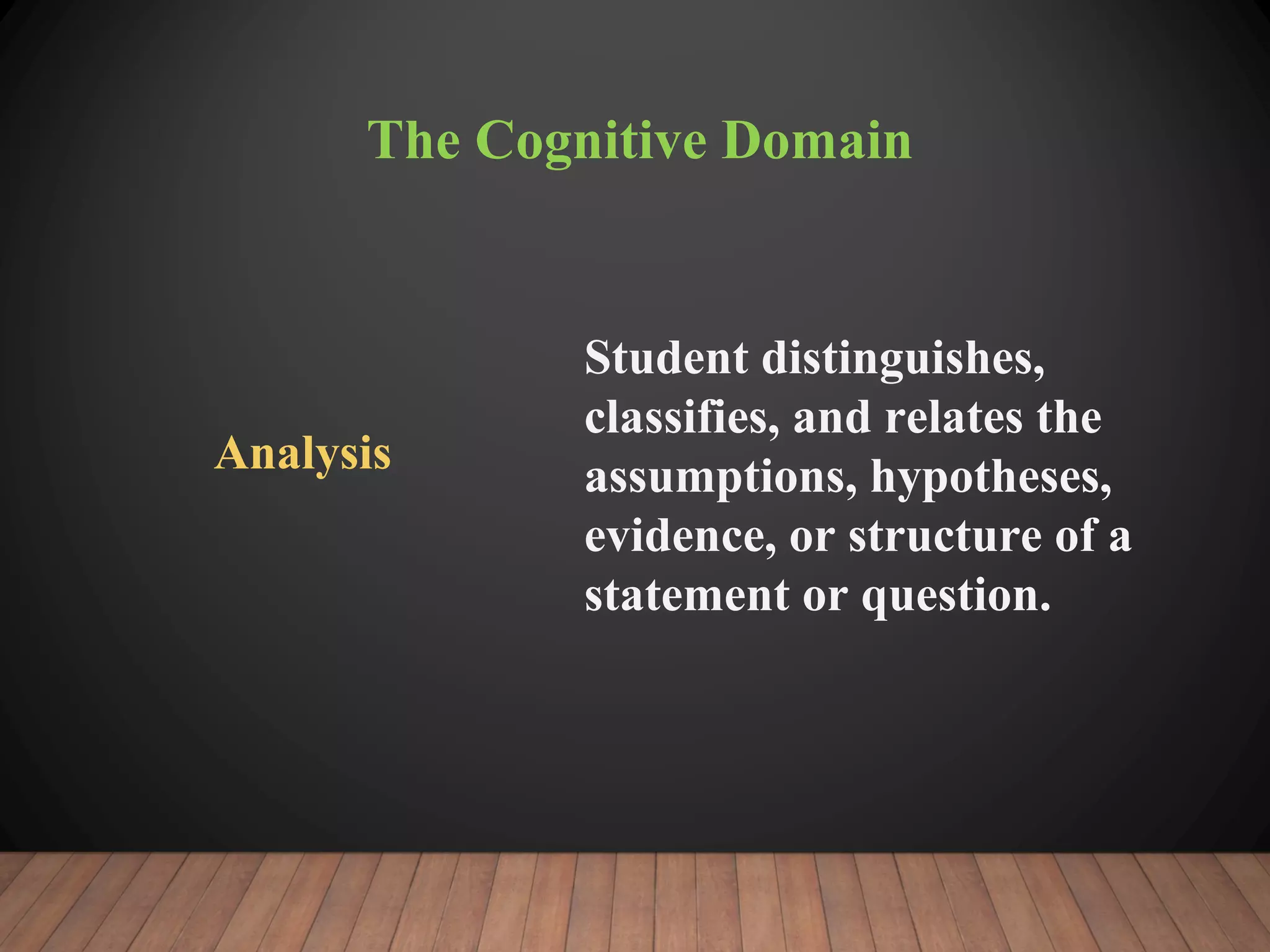 The Cognitive Domain
Analysis
Student distinguishes,
classifies, and relates the
assumptions, hypotheses,
evidence, or structure of a
statement or question.
 