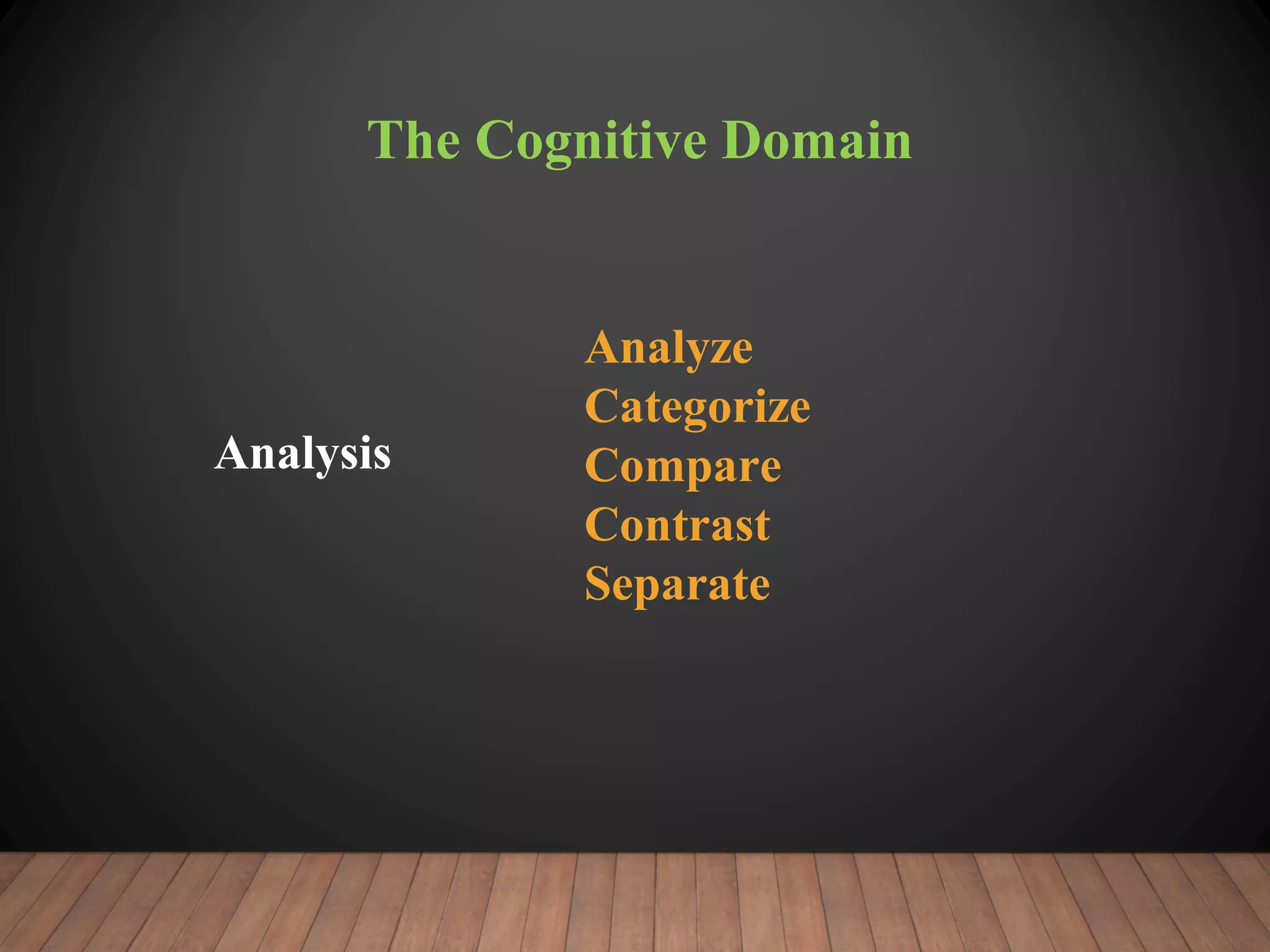 The Cognitive Domain
Analysis
Analyze
Categorize
Compare
Contrast
Separate
 