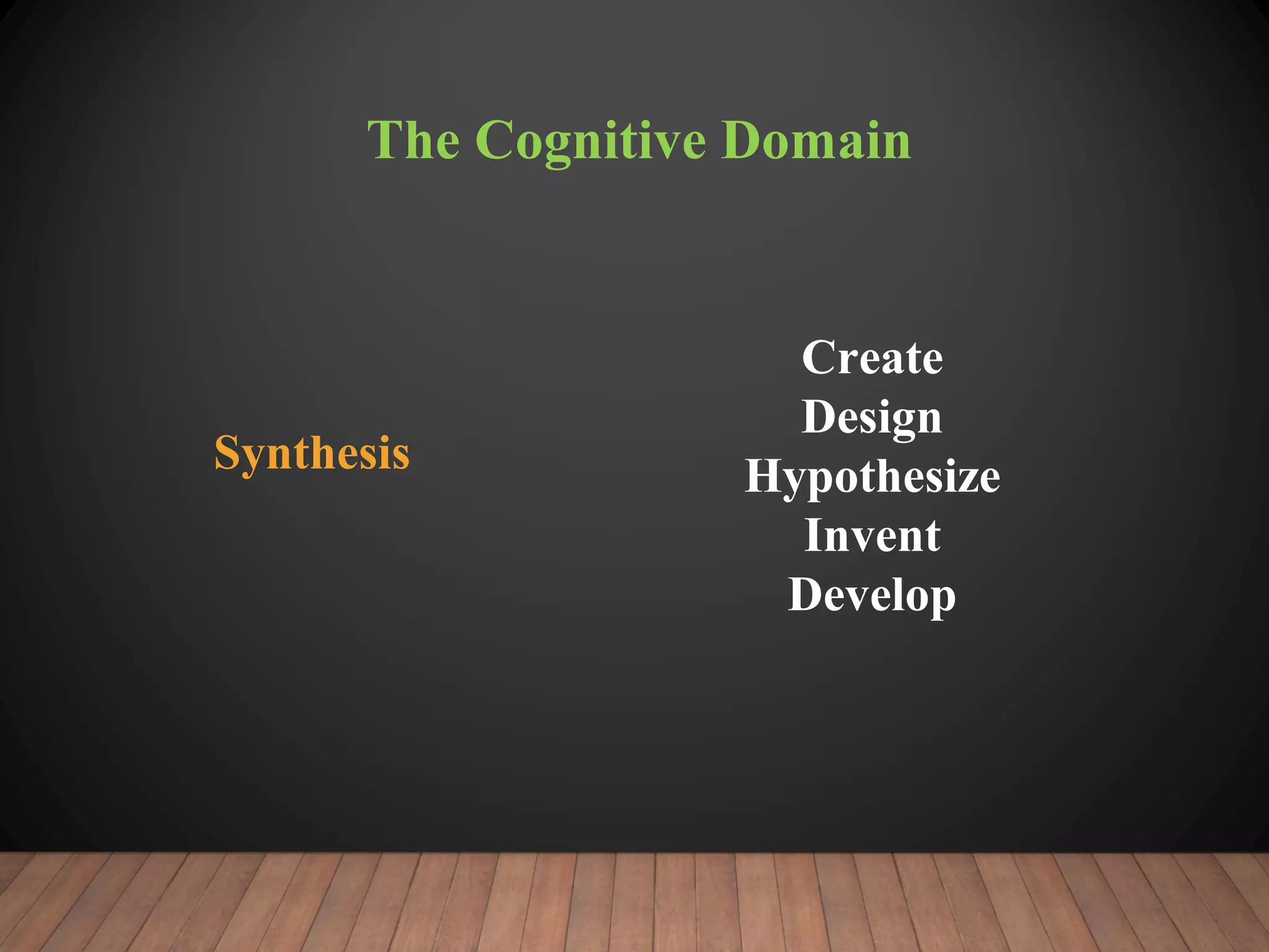 The Cognitive Domain
Synthesis
Create
Design
Hypothesize
Invent
Develop
 