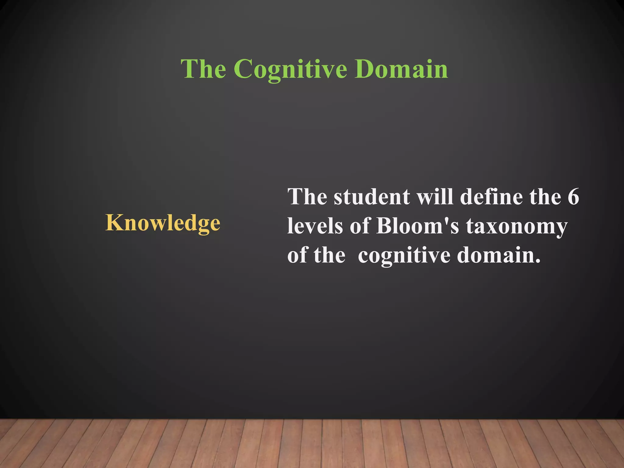 The Cognitive Domain
Knowledge
The student will define the 6
levels of Bloom's taxonomy
of the cognitive domain.
 