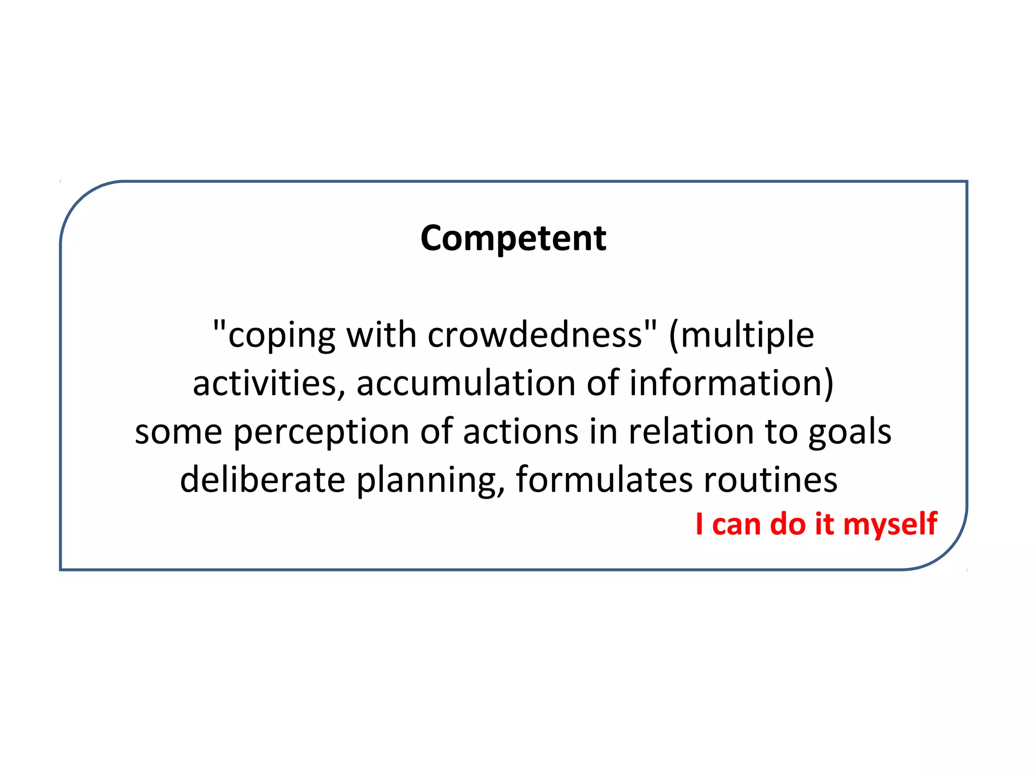 Competent
"coping with crowdedness" (multiple
activities, accumulation of information)
some perception of actions in relation to goals
deliberate planning, formulates routines
I can do it myself
 