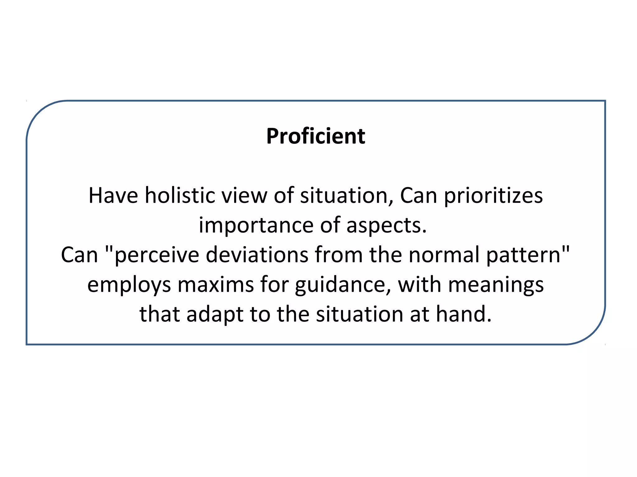 Proficient
Have holistic view of situation, Can prioritizes
importance of aspects.
Can "perceive deviations from the normal pattern"
employs maxims for guidance, with meanings
that adapt to the situation at hand.
 