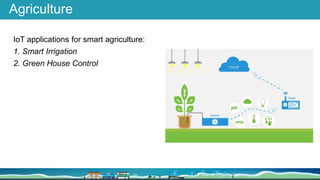 Agriculture
IoT applications for smart agriculture:
1. Smart Irrigation
2. Green House Control
 