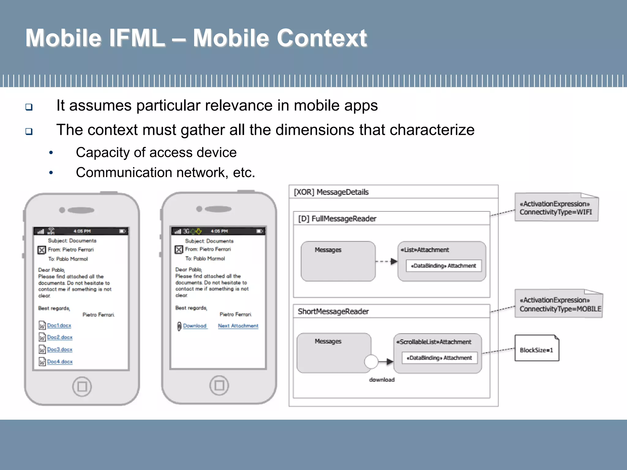Mobile IFML – Mobile Context
 It assumes particular relevance in mobile apps
 The context must gather all the dimensions that characterize
• Capacity of access device
• Communication network, etc.
 