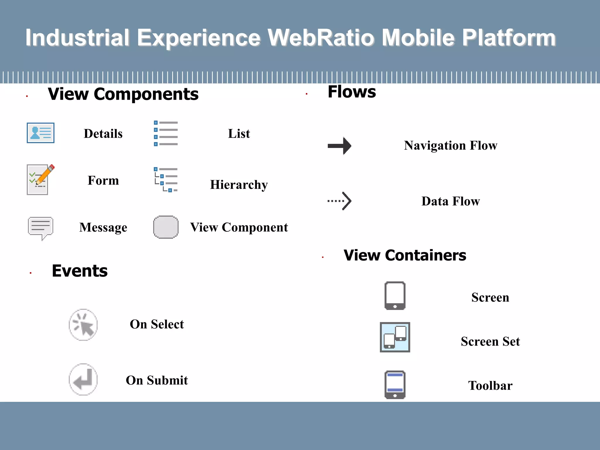 Industrial Experience WebRatio Mobile Platform
 View Containers
Screen
Screen Set
Toolbar
 View Components
Details
Form
List
Message
Hierarchy
View Component
 Events
On Submit
On Select
 Flows
Navigation Flow
Data Flow
 