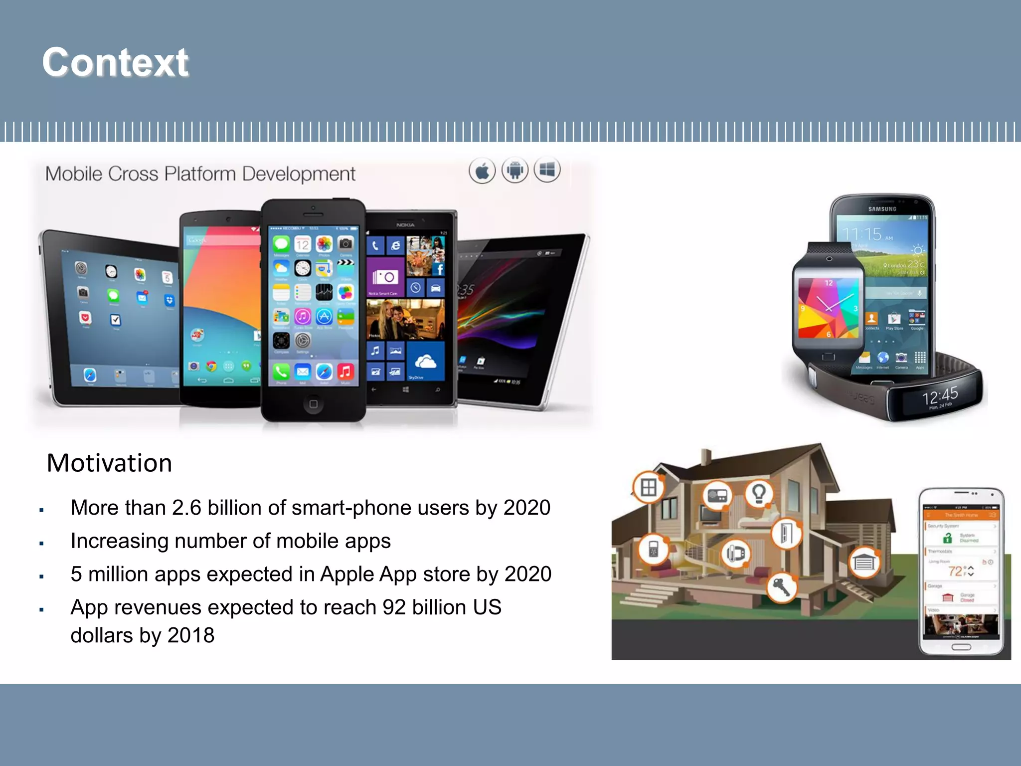Context
▪ More than 2.6 billion of smart-phone users by 2020
▪ Increasing number of mobile apps
▪ 5 million apps expected in Apple App store by 2020
▪ App revenues expected to reach 92 billion US
dollars by 2018
Motivation
 