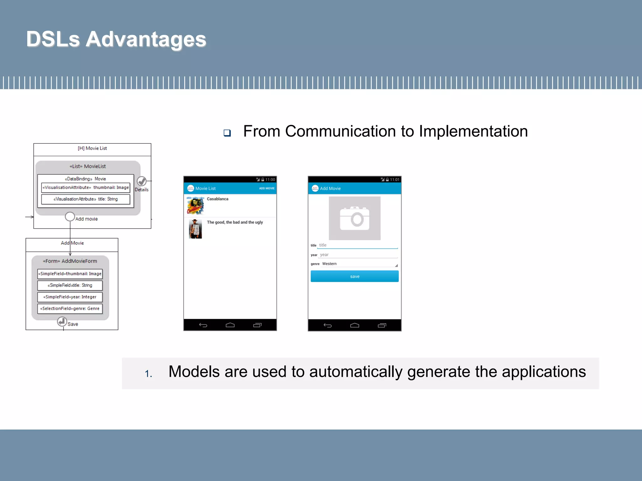 DSLs Advantages
 From Communication to Implementation
1. Models are used to automatically generate the applications
 