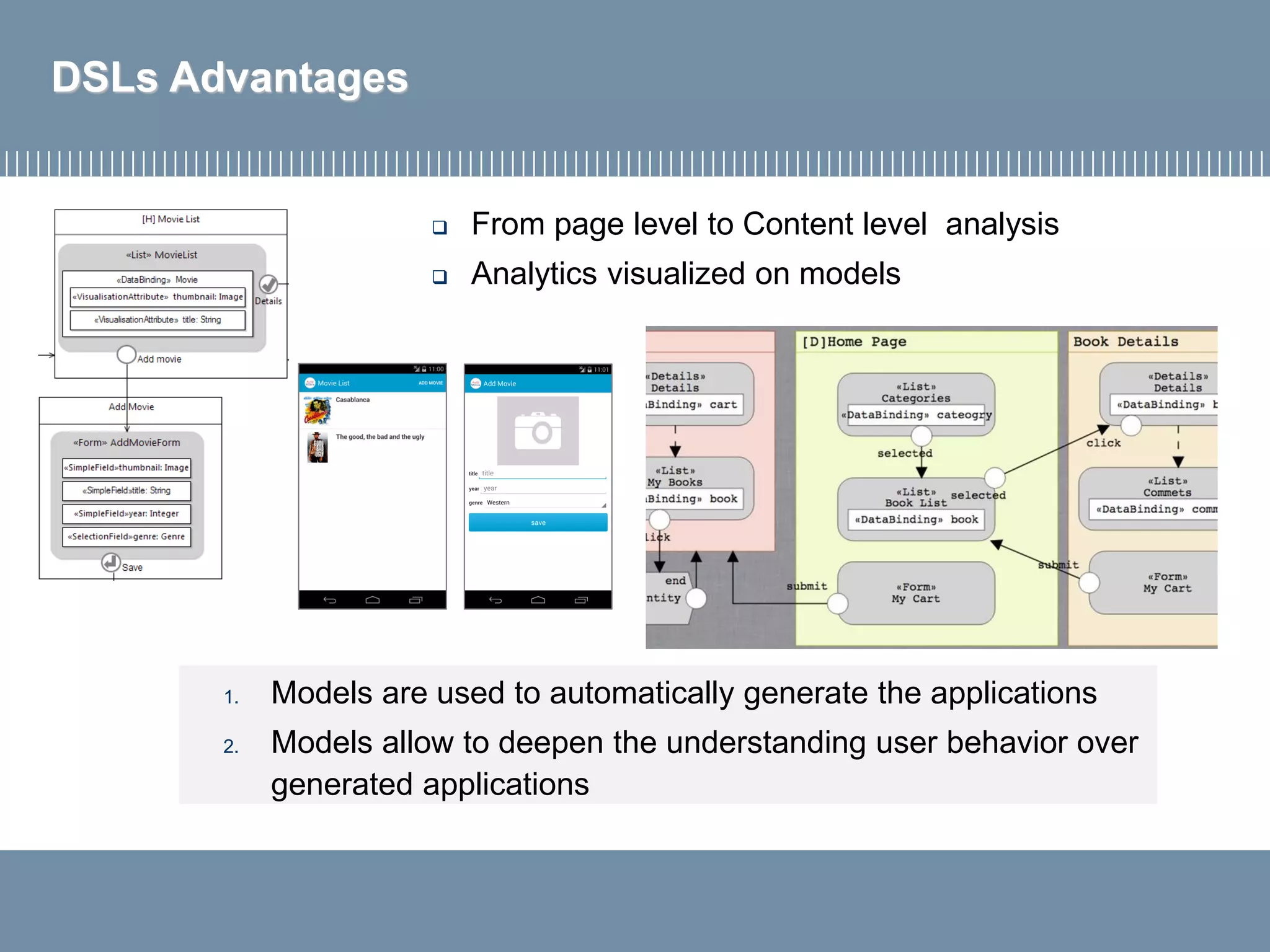DSLs Advantages
 From page level to Content level analysis
 Analytics visualized on models
1. Models are used to automatically generate the applications
2. Models allow to deepen the understanding user behavior over
generated applications
 