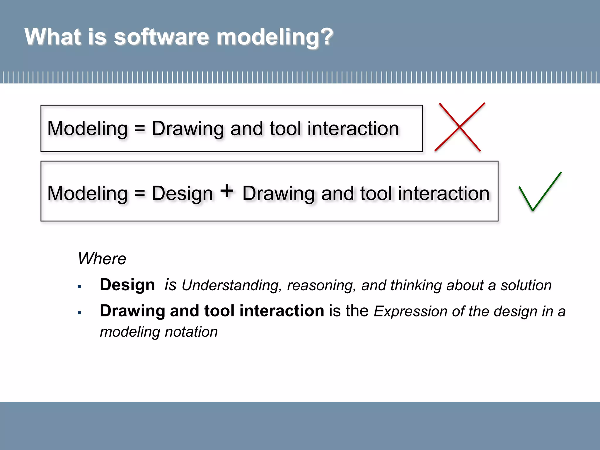 What is software modeling?
Where
▪ Design is Understanding, reasoning, and thinking about a solution
▪ Drawing and tool interaction is the Expression of the design in a
modeling notation
Modeling = Drawing and tool interaction
Modeling = Design + Drawing and tool interaction
 