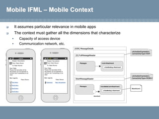 Mobile IFML – Mobile Context
 It assumes particular relevance in mobile apps
 The context must gather all the dimensions that characterize
• Capacity of access device
• Communication network, etc.
 