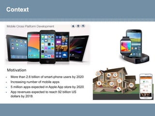 Context
▪ More than 2.6 billion of smart-phone users by 2020
▪ Increasing number of mobile apps
▪ 5 million apps expected in Apple App store by 2020
▪ App revenues expected to reach 92 billion US
dollars by 2018
Motivation
 