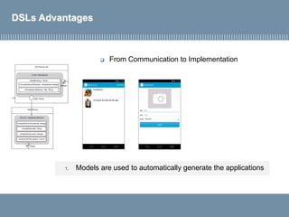 DSLs Advantages
 From Communication to Implementation
1. Models are used to automatically generate the applications
 