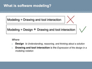 What is software modeling?
Where
▪ Design is Understanding, reasoning, and thinking about a solution
▪ Drawing and tool interaction is the Expression of the design in a
modeling notation
Modeling = Drawing and tool interaction
Modeling = Design + Drawing and tool interaction
 