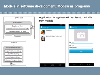 Models in software development: Models as programs
Applications are generated (semi) automatically
from models
 