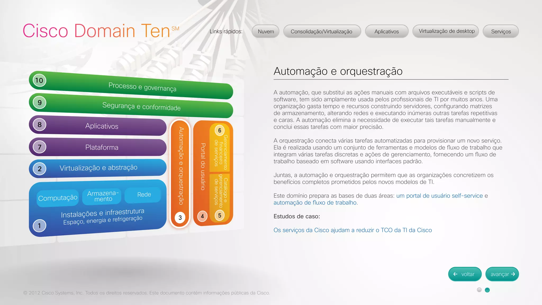 © 2012 Cisco Systems, Inc. Todos os direitos reservados. Este documento contém informações públicas da Cisco. 
Automação e orquestração 
A automação, que substitui as ações manuais com arquivos executáveis e scripts de 
software, tem sido amplamente usada pelos profissionais de TI por muitos anos. Uma 
organização gasta tempo e recursos construindo servidores, configurando matrizes 
de armazenamento, alterando redes e executando inúmeras outras tarefas repetitivas 
e caras. A automação elimina a necessidade de executar tais tarefas manualmente e 
conclui essas tarefas com maior precisão. 
A orquestração conecta várias tarefas automatizadas para provisionar um novo serviço. 
Ela é realizada usando um conjunto de ferramentas e modelos de fluxo de trabalho que 
integram várias tarefas discretas e ações de gerenciamento, fornecendo um fluxo de 
trabalho baseado em software usando interfaces padrão. 
Juntas, a automação e orquestração permitem que as organizações concretizem os 
benefícios completos prometidos pelos novos modelos de TI. 
Este domínio prepara as bases de duas áreas: um portal de usuário self-service e 
automação de fluxo de trabalho. 
Estudos de caso: 
Os serviços da Cisco ajudam a reduzir o TCO da TI da Cisco 
 