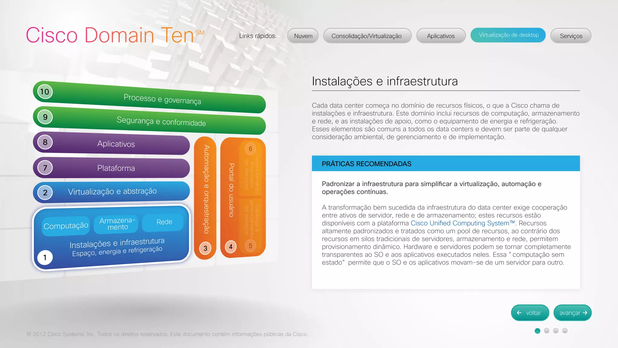 © 2012 Cisco Systems, Inc. Todos os direitos reservados. Este documento contém informações públicas da Cisco. 
Instalações e infraestrutura 
Cada data center começa no domínio de recursos físicos, o que a Cisco chama de 
instalações e infraestrutura. Este domínio inclui recursos de computação, armazenamento 
e rede, e as instalações de apoio, como o equipamento de energia e refrigeração. 
Esses elementos são comuns a todos os data centers e devem ser parte de qualquer 
consideração ambiental, de gerenciamento e de implementação. 
PRÁTICAS RECOMENDADAS 
Padronizar a infraestrutura para simplificar a virtualização, automação e 
operações contínuas. 
A transformação bem sucedida da infraestrutura do data center exige cooperação 
entre ativos de servidor, rede e de armazenamento; estes recursos estão 
disponíveis com a plataforma Cisco Unified Computing System™. Recursos 
altamente padronizados e tratados como um pool de recursos, ao contrário dos 
recursos em silos tradicionais de servidores, armazenamento e rede, permitem 
provisionamento dinâmico. Hardware e servidores podem se tornar completamente 
transparentes ao SO e aos aplicativos executados neles. Essa "computação sem 
estado" permite que o SO e os aplicativos movam-se de um servidor para outro. 
 